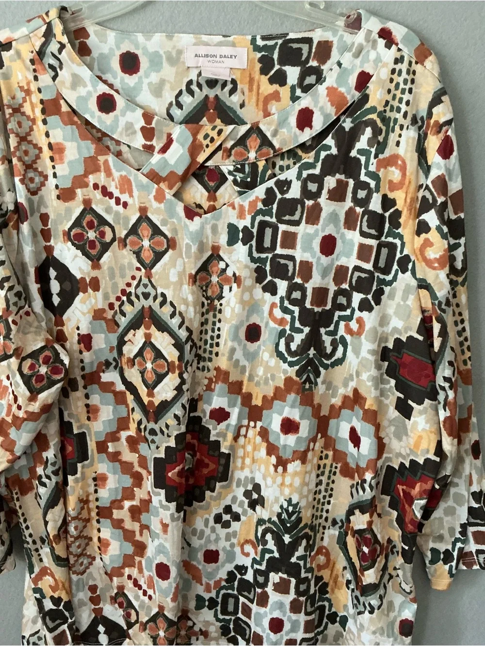 Allison Daley Women 2X Blouse Geometric Southwestern Boho Cutout Collar 3/4 Slv